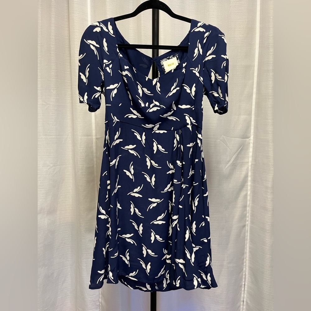 Anthropologie Maeve Fern Ruched Mini Dress Navy Blue Puff Sleeve | size 6p